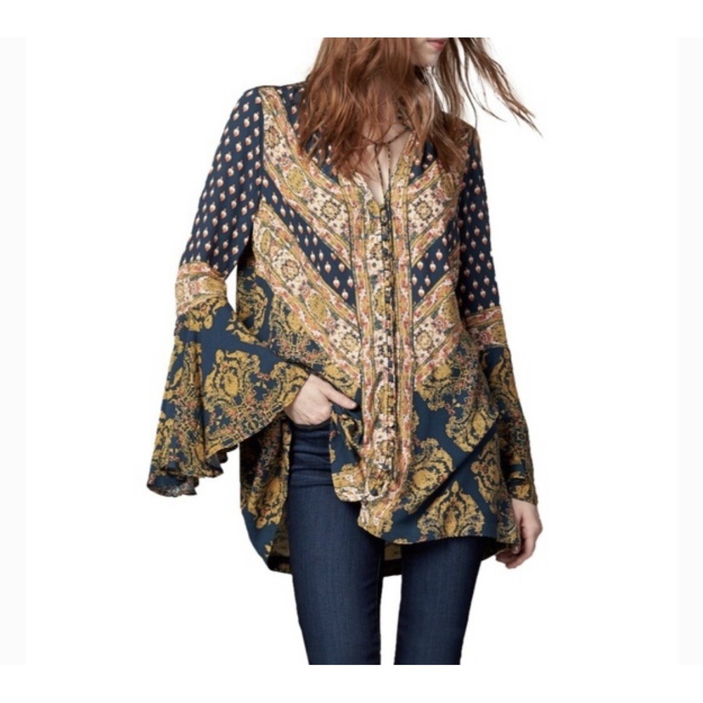 Free People Boho Paisley Button & Tie Front V Neck Tunic‎ Mini Dress Women's XS